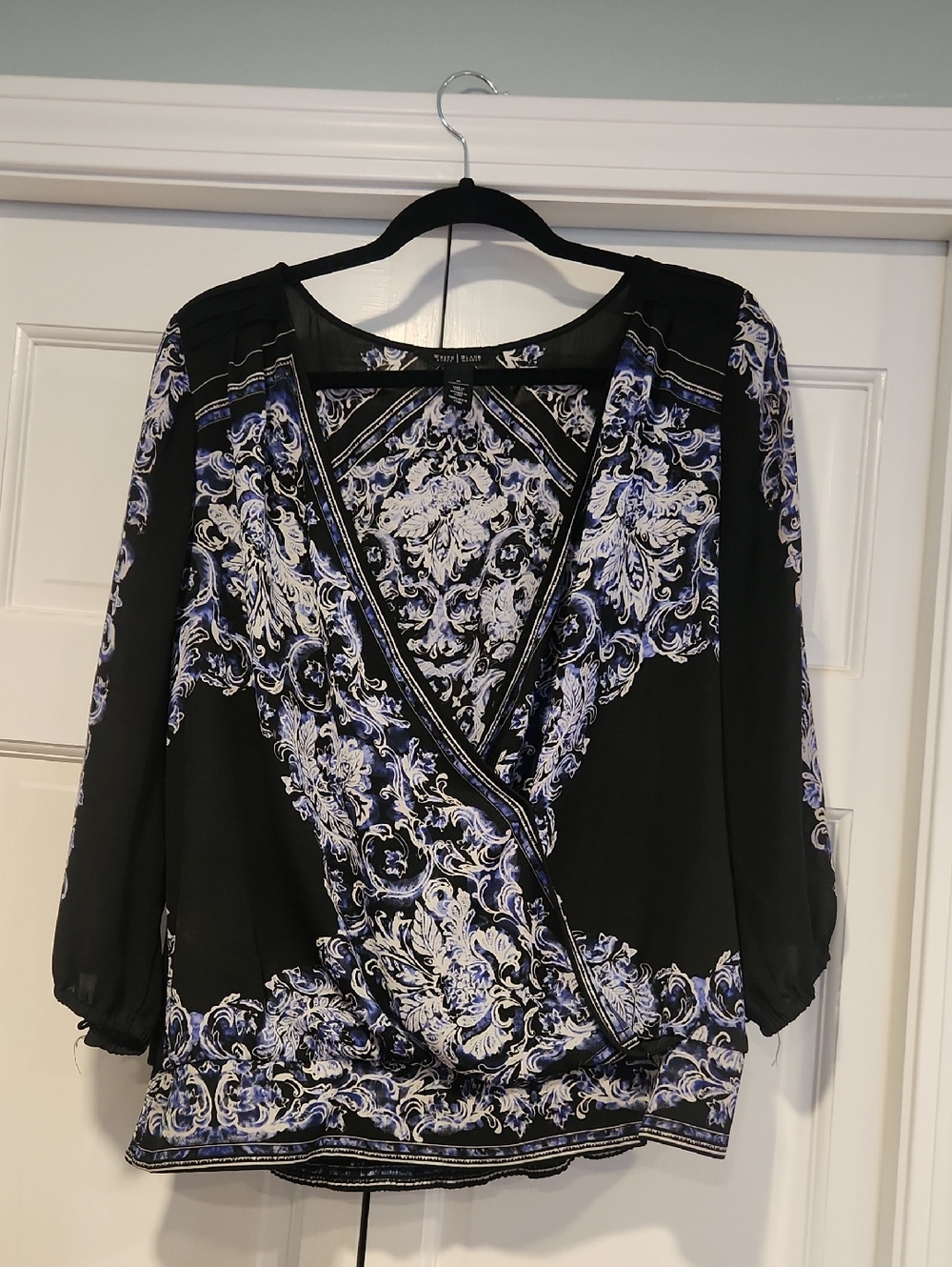 White House Black Market Black Floral Scroll Wrap Blouse